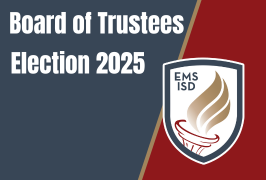  Graphic with red and blue background with district logo and words Board of Trustees Election 2025